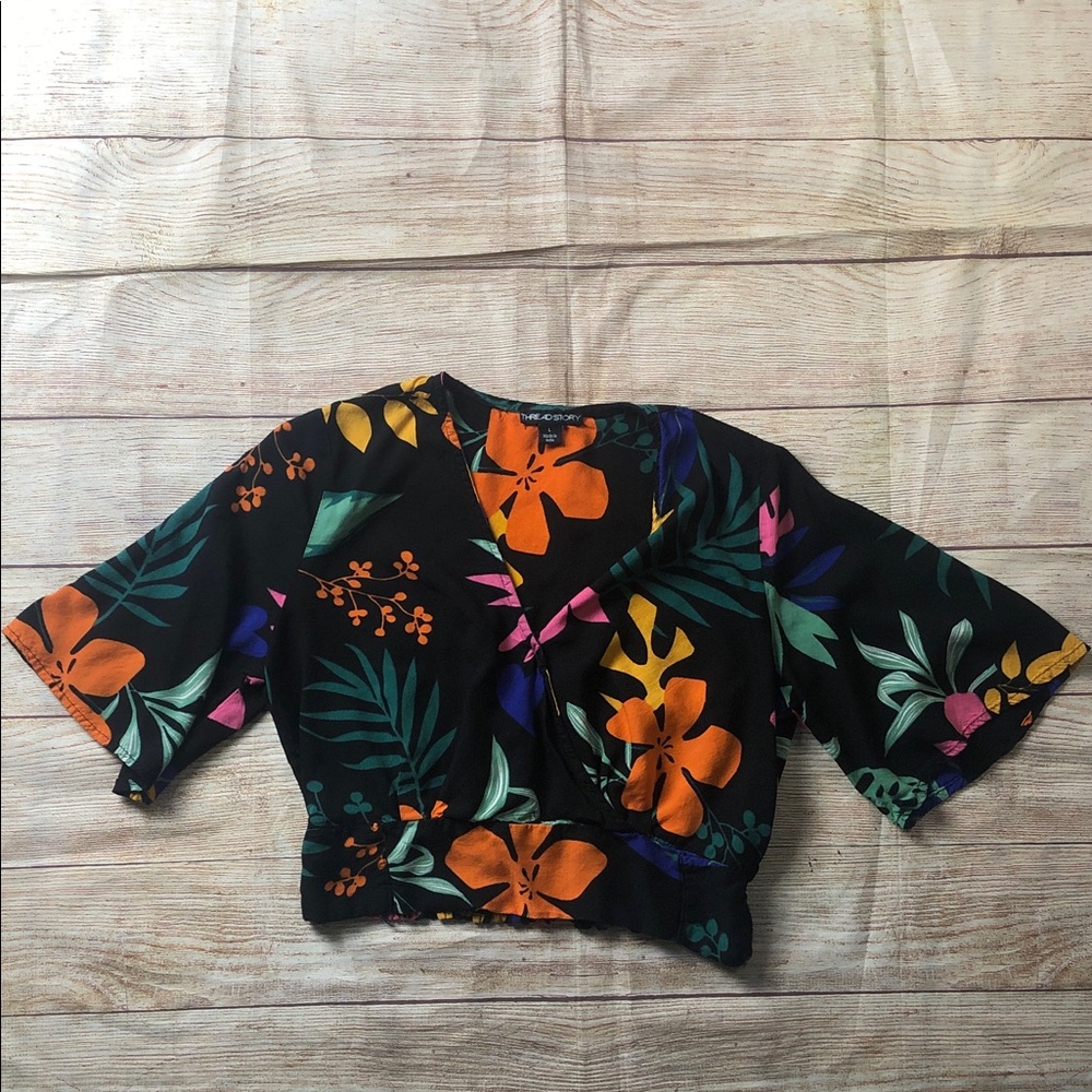 Tropical Floral Wrap‎ Blouse - Black and Multicolor